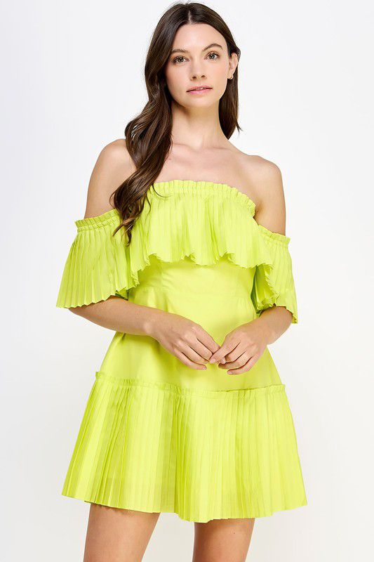 Neon Off The Shoulder Ruffled Mini Dress