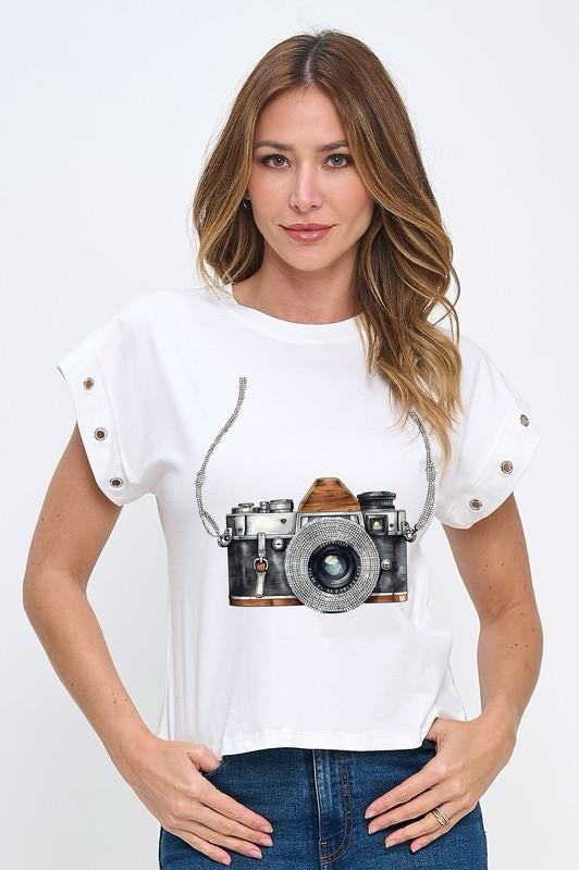 Camera Embellished Sleeve T-Shirt