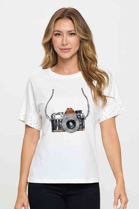 Camera Embellished Sleeve T-Shirt
