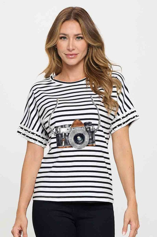 Camera Embellished Sleeve T-Shirt
