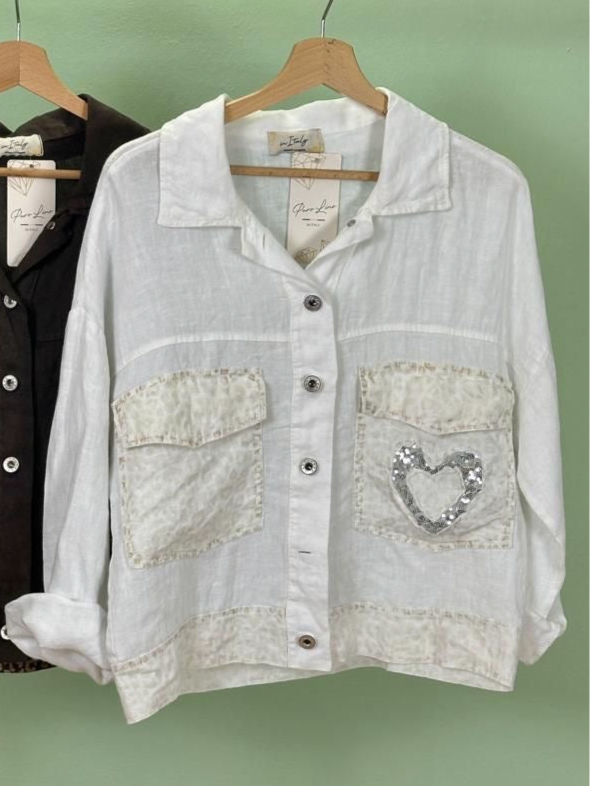 White Linen Blouse w. Sequin Heart