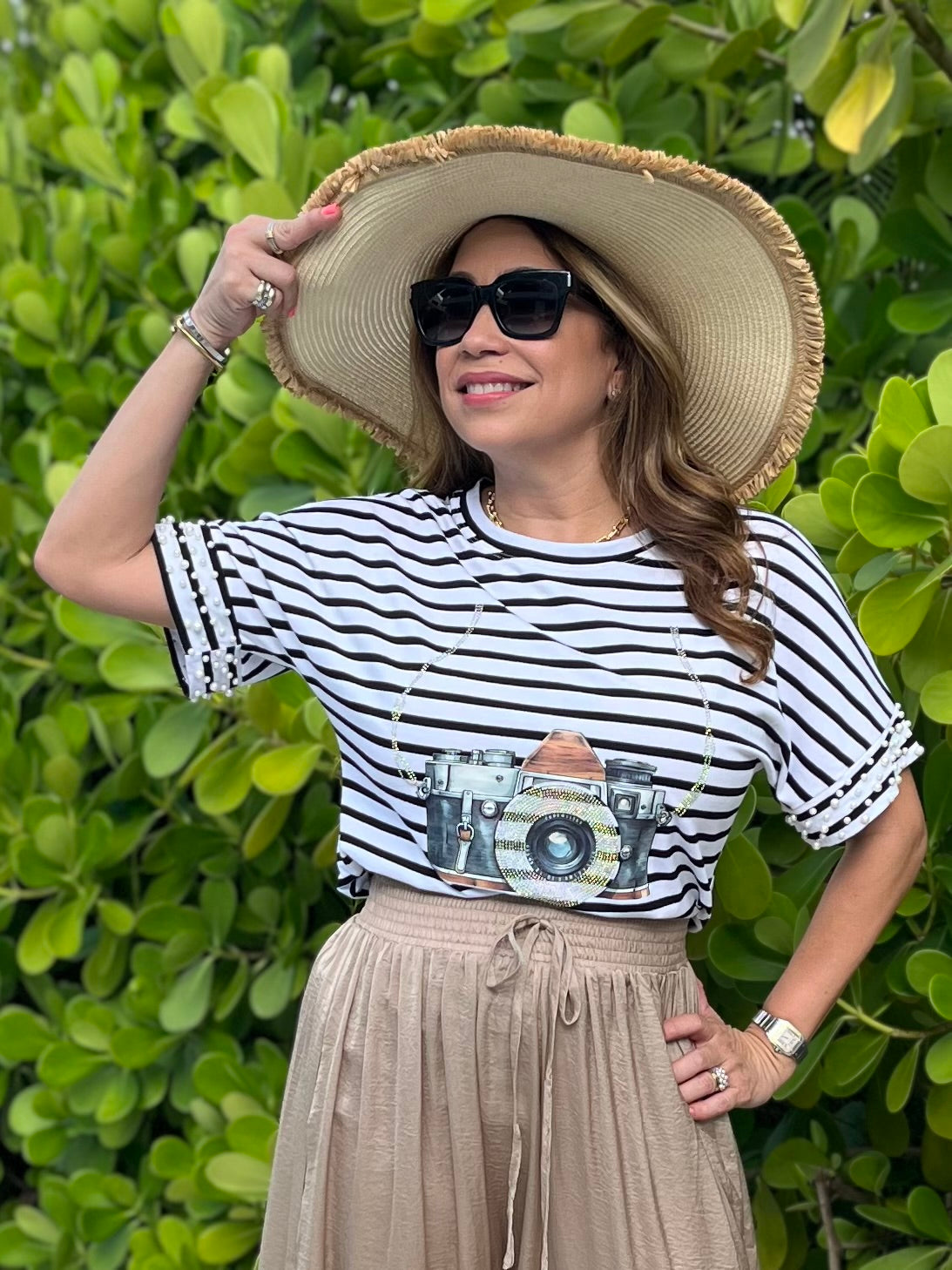 Camera Embellished Sleeve T-Shirt