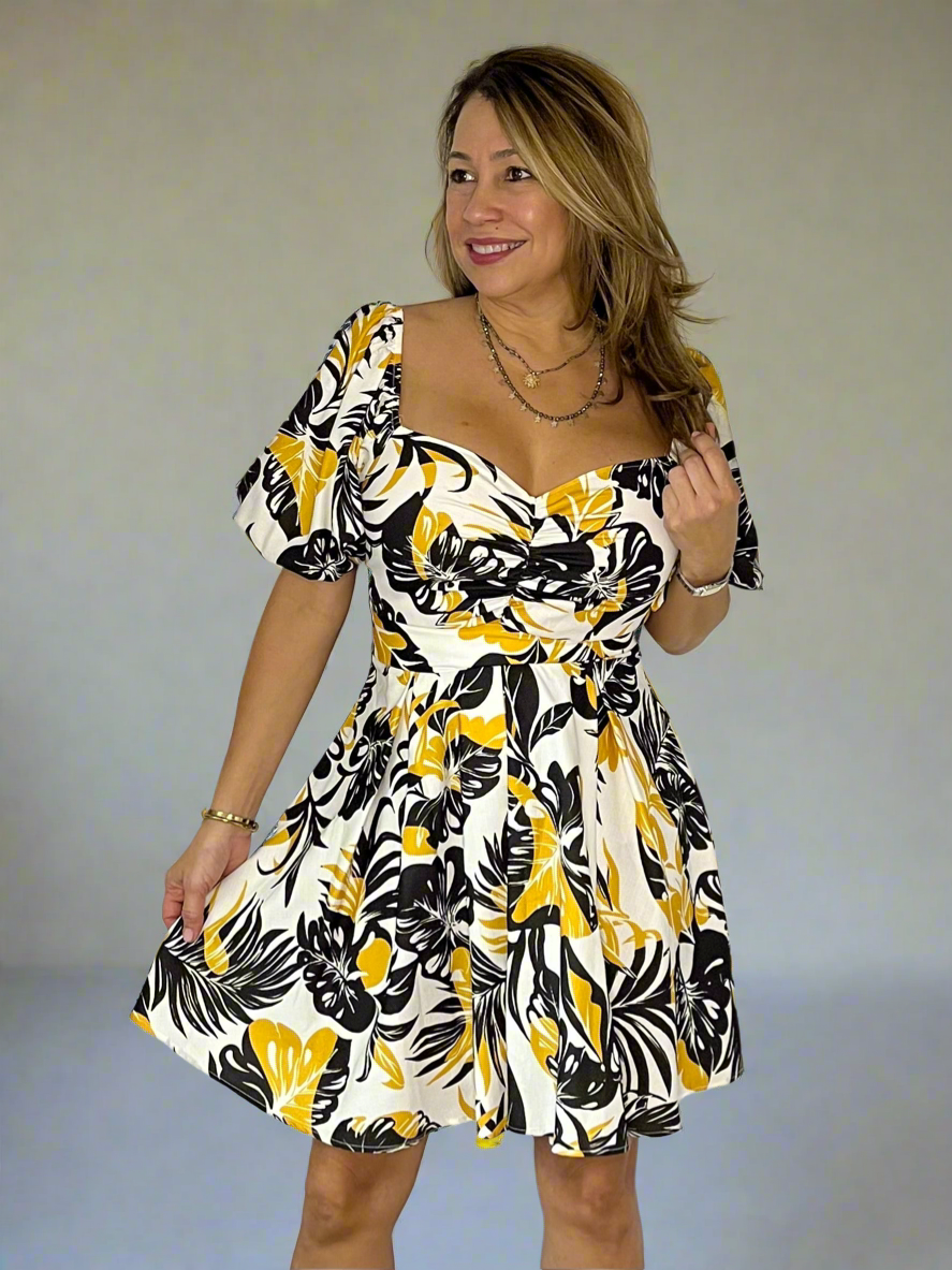 Short Puff Sleeve Printed Mini Dress