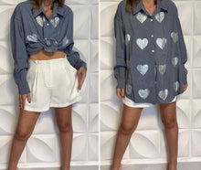 Load image into Gallery viewer, Denim Bedazzled Heart Blouse
