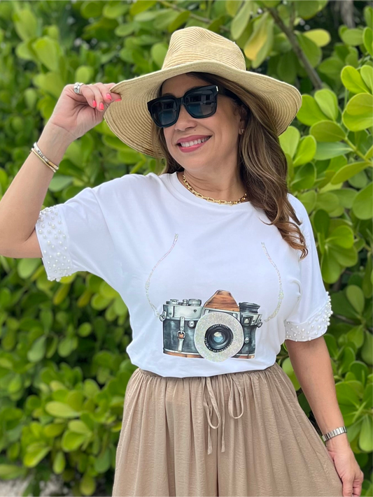 Camera Embellished Sleeve T-Shirt