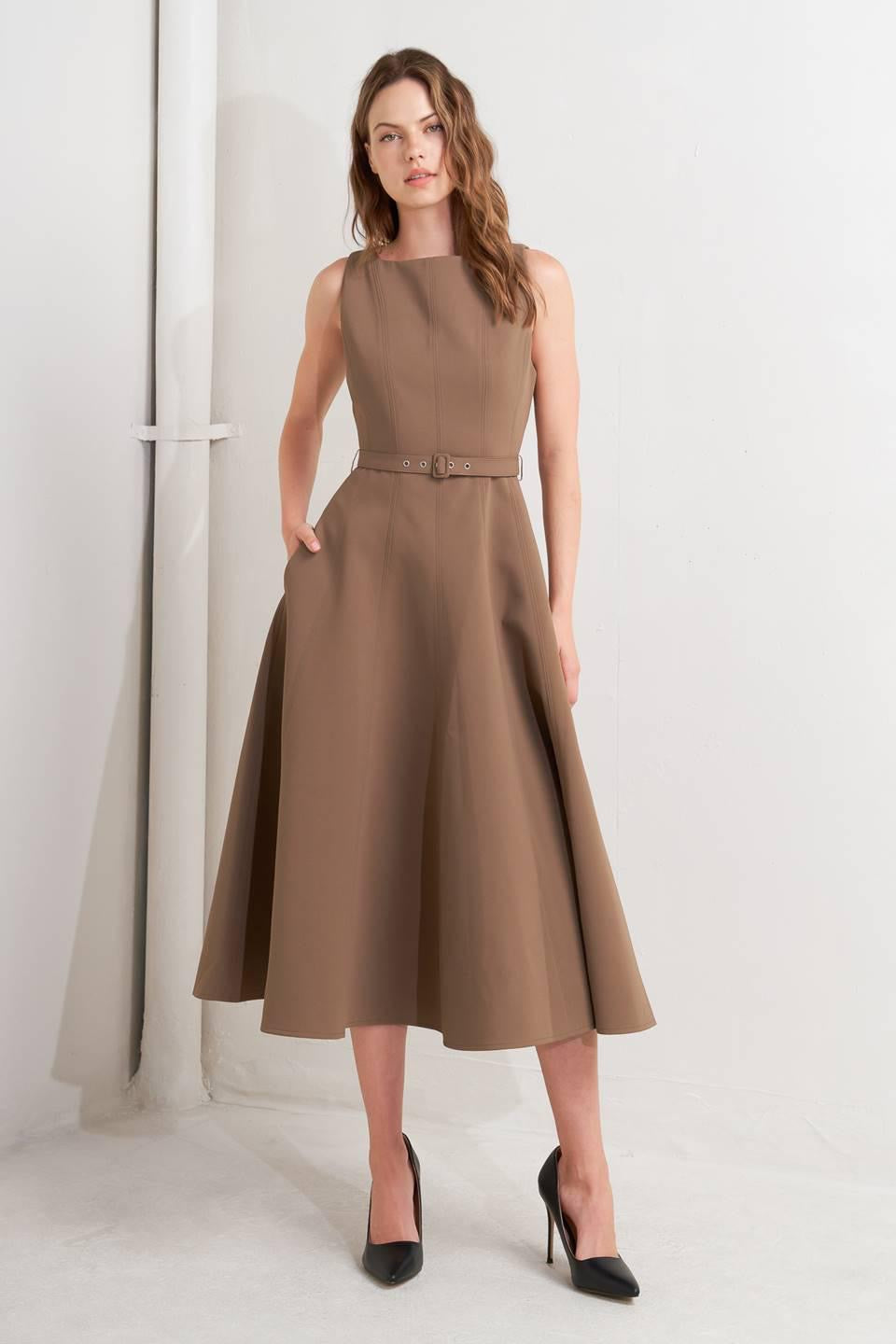 Mocha Brown Belted Midi Dress – Maria Leon Moda