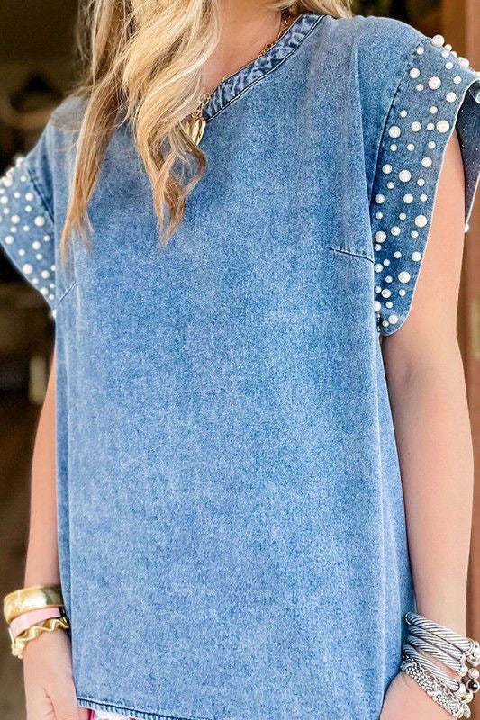 Denim Tee w/ Pearl Lined Shoulder Sleeve