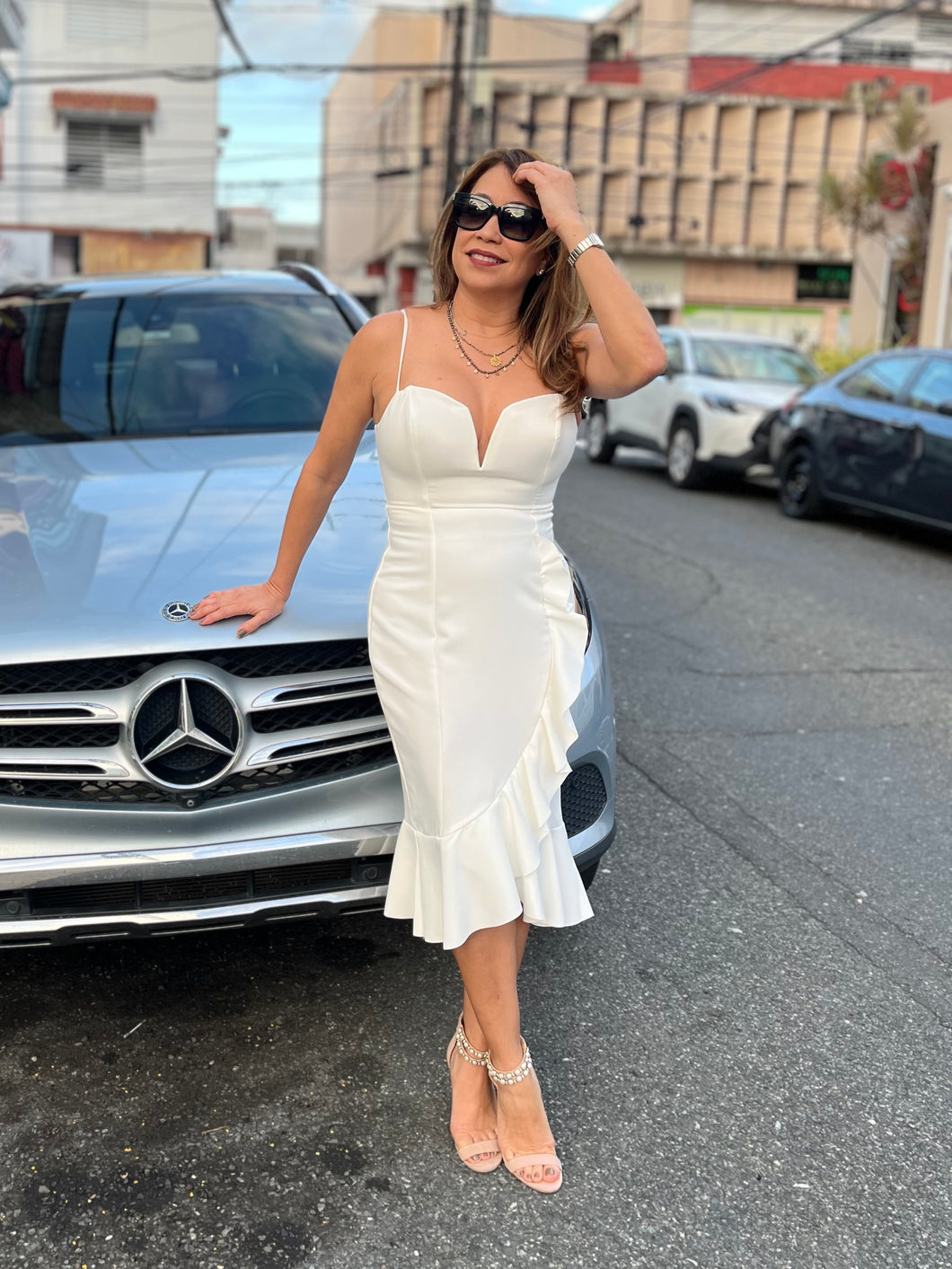 White Ruffled Slit Dress