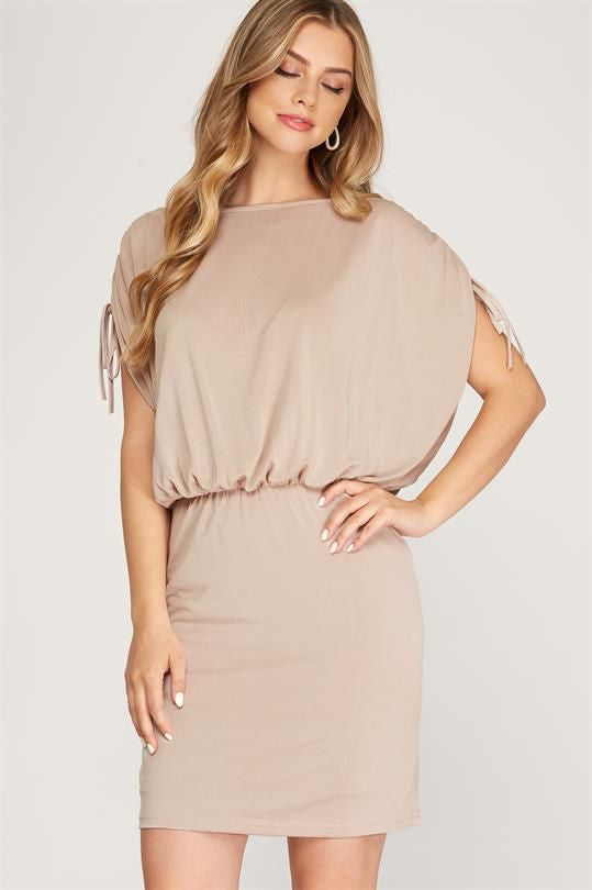 Shoulder Tie Beige Mini Dress