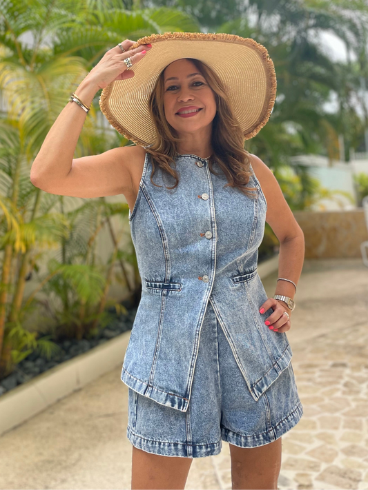 Denim Vest and Shorts Set