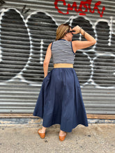Load image into Gallery viewer, Navy Striped Belted Midi Dress
