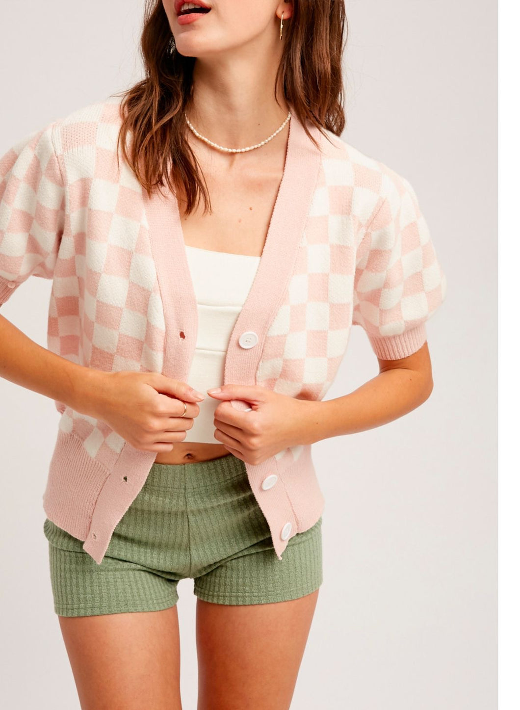 Baby Pink Checkered Cardigan