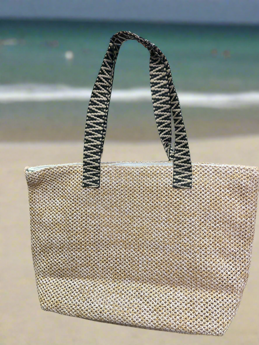 Woven Beach Bag with Zigzag print handle