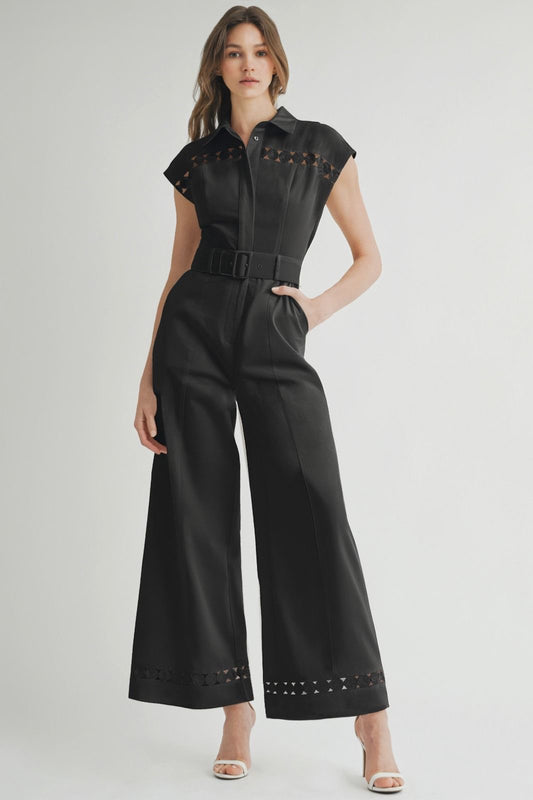 Eyelet Belted Black Jumpsuit