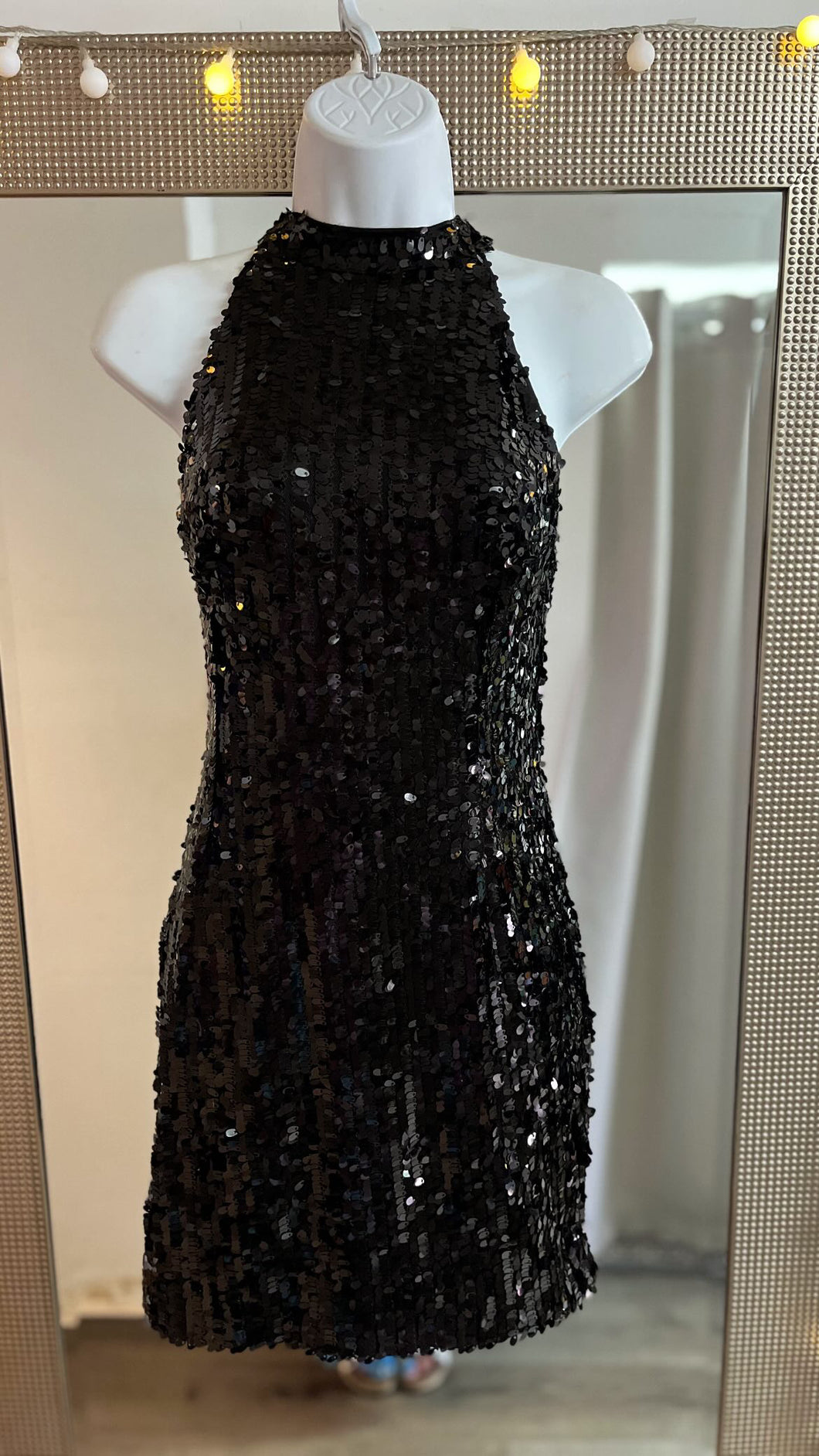 High neck sequin little black dress