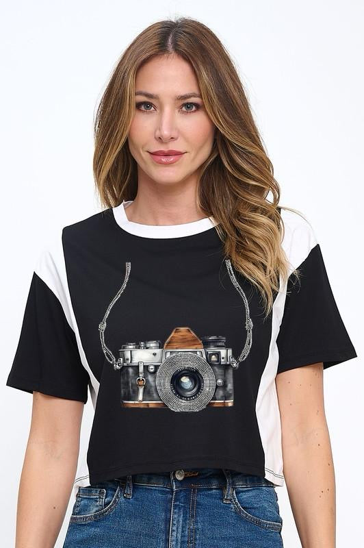 Cropped B&W Camera T-shirt