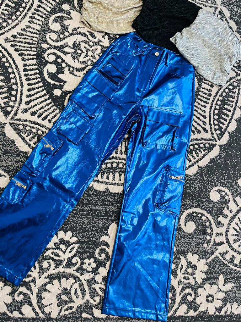 Metallic Blue Cargo Pants