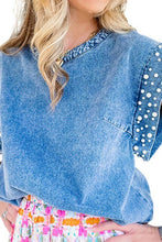 Load image into Gallery viewer, Denim Tee w/ Pearl Lined Shoulder Sleeve
