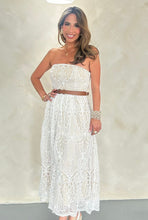 Load image into Gallery viewer, Belted Lace Strapless Dress
