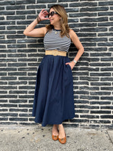 Load image into Gallery viewer, Navy Striped Belted Midi Dress
