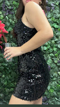 Load image into Gallery viewer, High neck sequin little black dress
