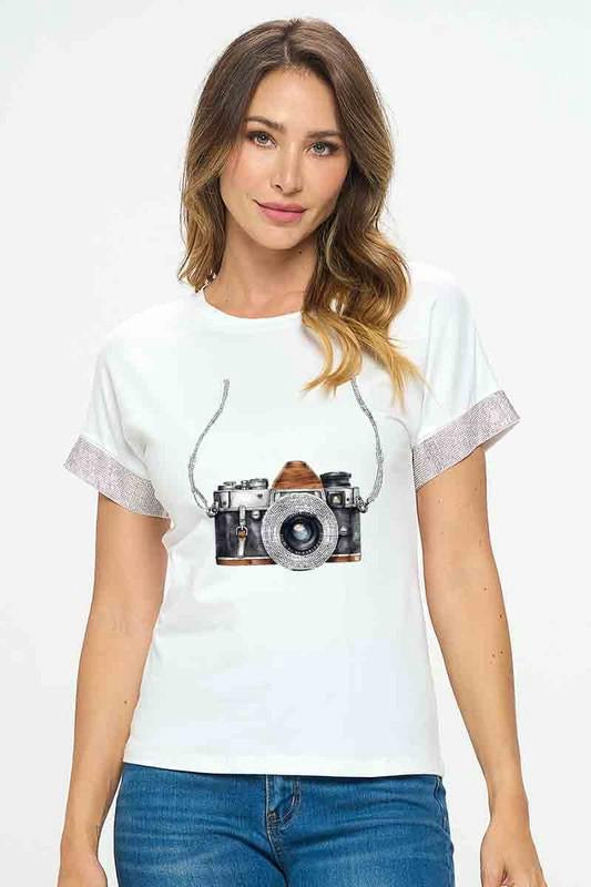 Plus Size Rhinestone Sleeve Camera T-Shirt