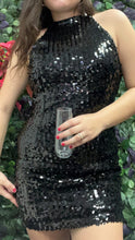 Load image into Gallery viewer, High neck sequin little black dress
