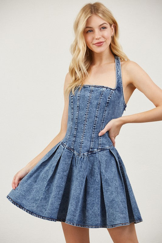 Halter denim mini dress