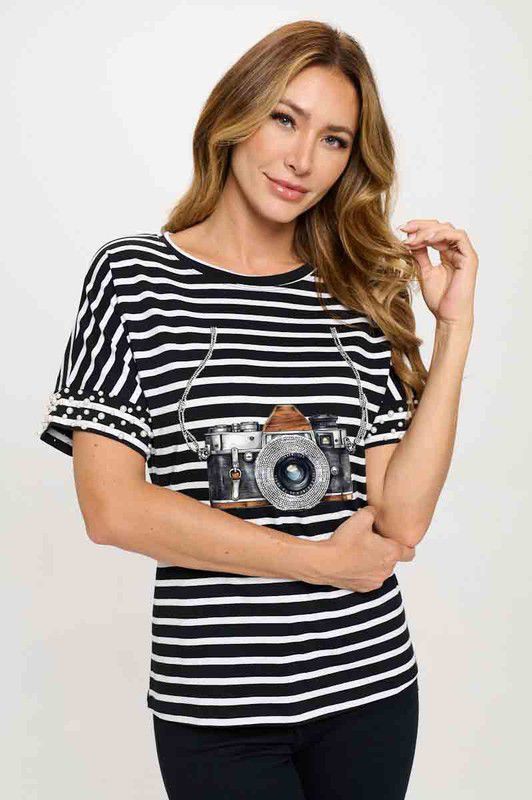 Camera Embellished Sleeve T-Shirt